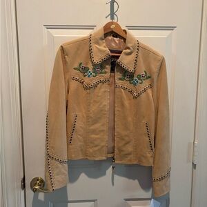 Beige Embroidered Leather Jacket - Women's